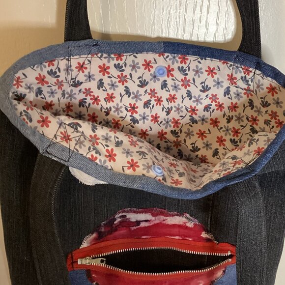 Handmade Small Denim Tote Shoulder Bag With Face Cute Core Hippie Y2K - Picture 5 of 5